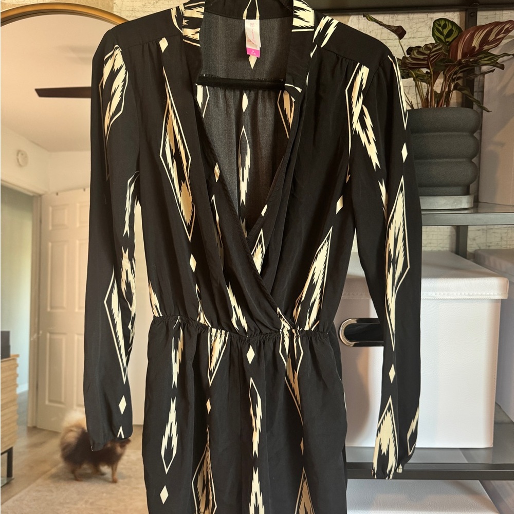 Black and Beige Patterned Wrap romper